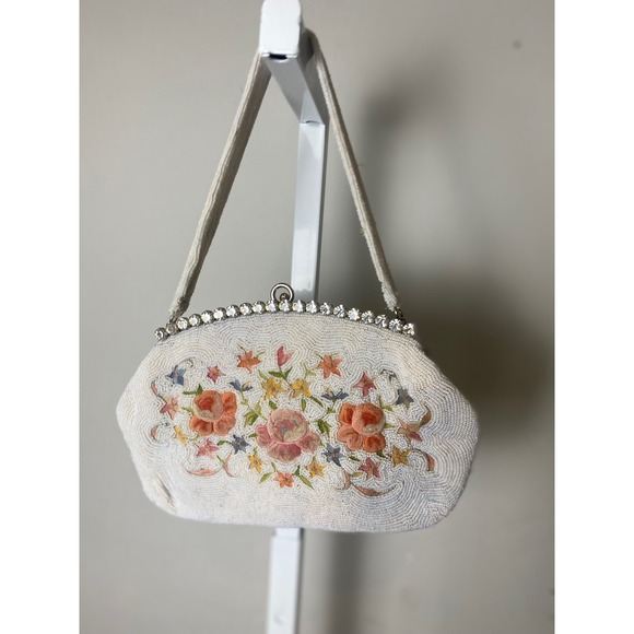 Vintage Handbags - Vintage 1930's Floral Beaded Evening Bag Rhinestone Frame White Cream Purse